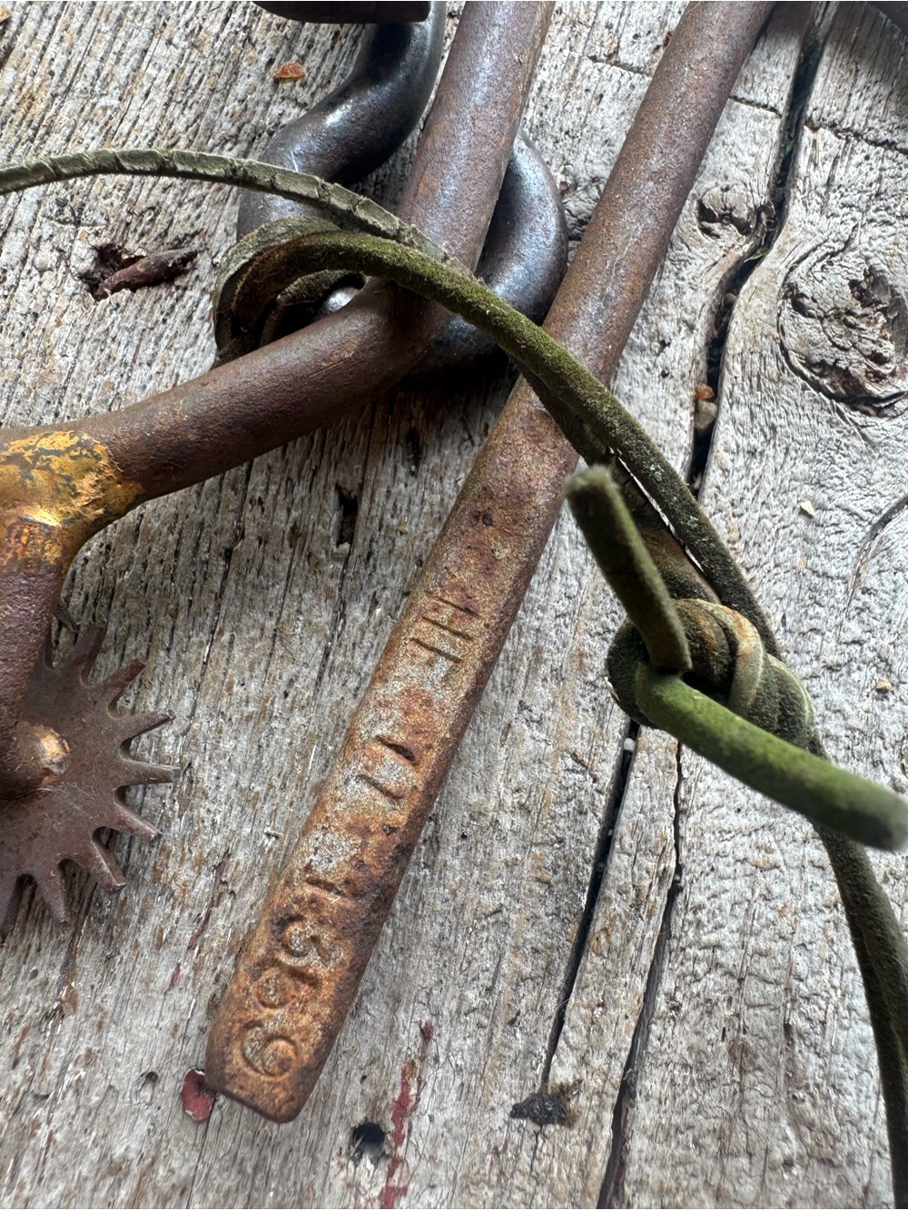 Vintage Rusted Metal Spur with Green Leather Strap call everyone to dinner class
